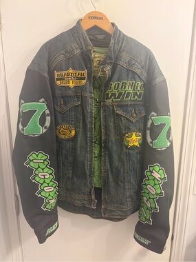 ICON Denim and Black Patchwork Racing Jacket with Green Accents